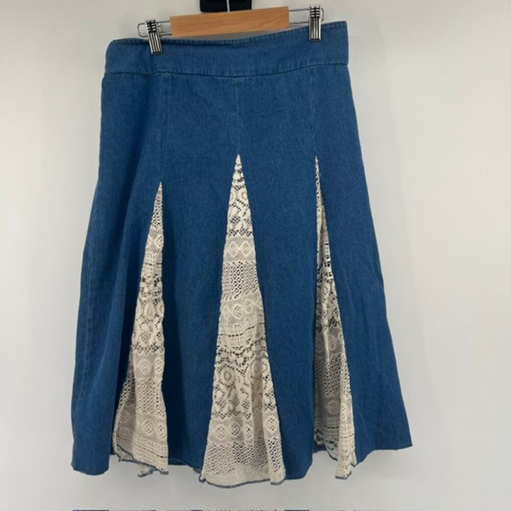 Y2K Denim Lace Skirt Womens M Panels Boho Fairy Knee Length Elastic Waist A Line